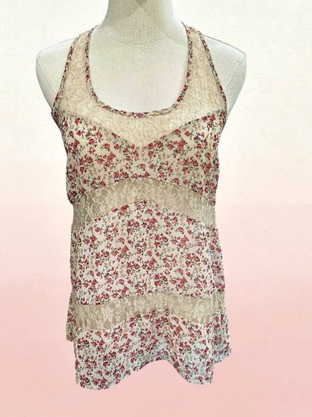 Floral Lace Trim Sheer Cami Tank Top Womens S BOHO Cottagecore Romantic Prairie